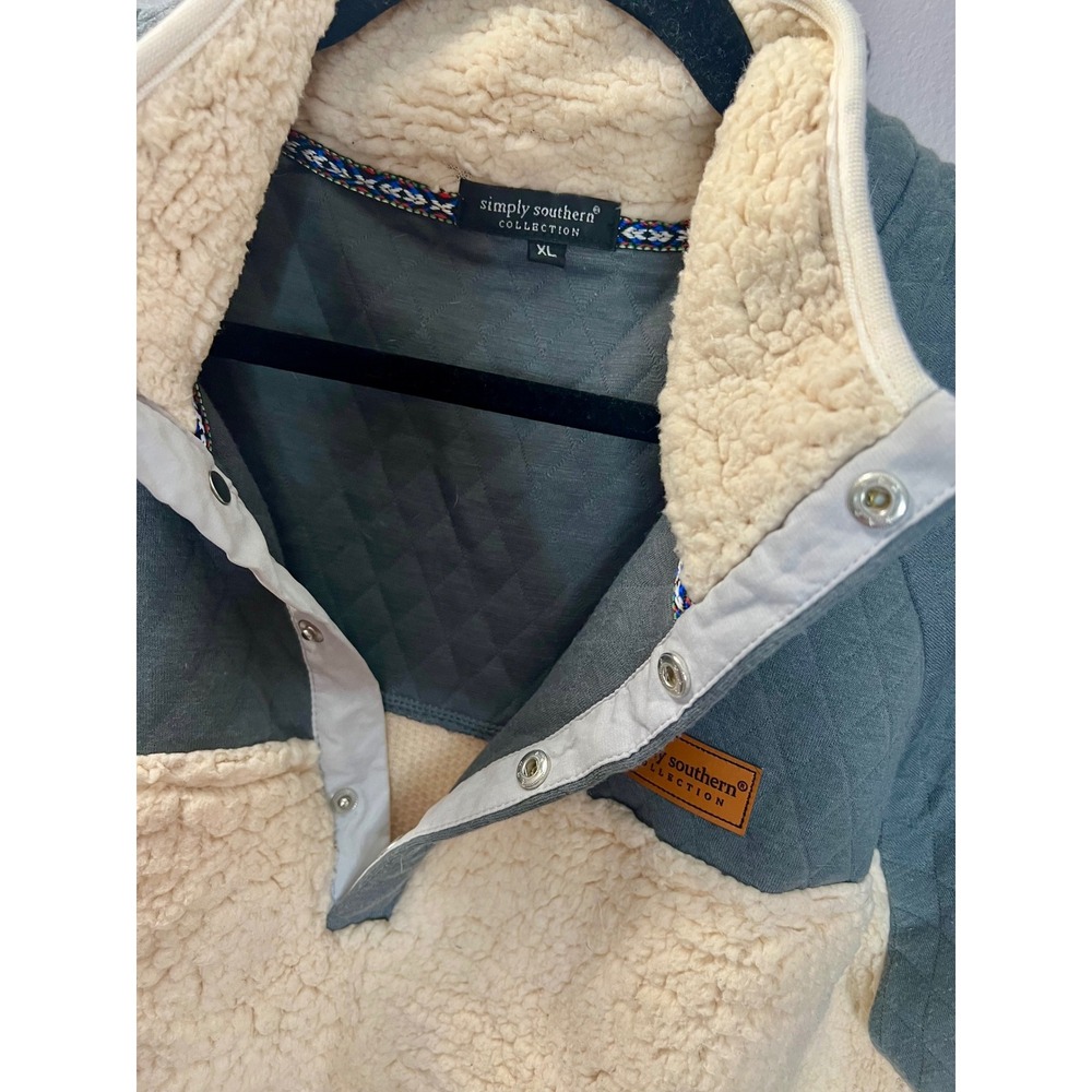 Simply Southern Cozy Quilted Sherpa Pullover Gray Cream Snap Neck Fleece XL - Picture 3 of 6